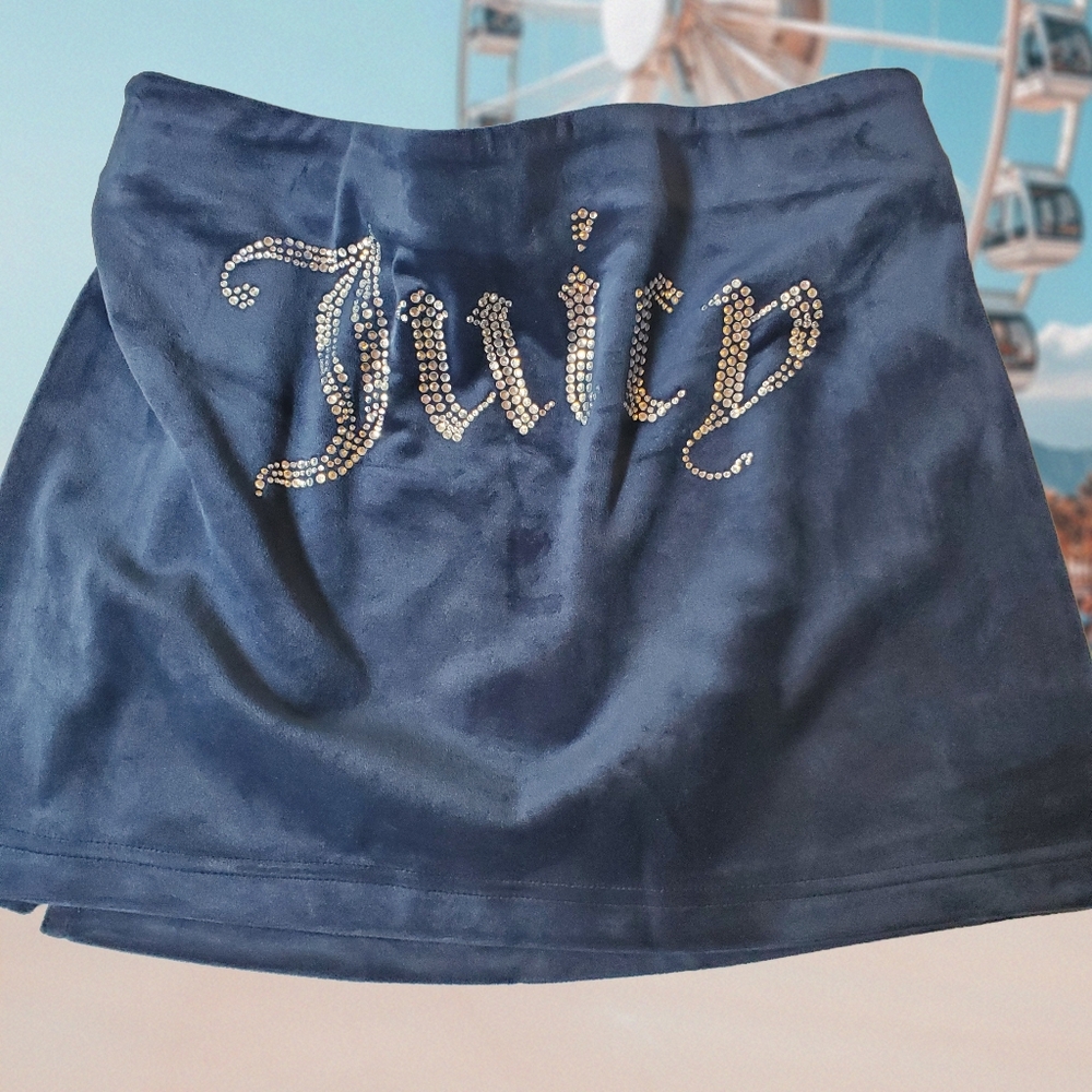 Juicy Couture Velour‎ Skirt Blue Rhinestone Logo Mini Skirt Size M NWT